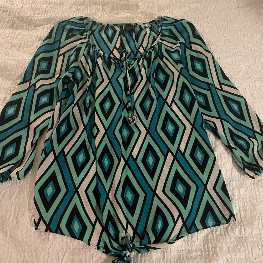 New Directions Teal/Black Patterned‎ Blouse with Tie Front Details, Size Small